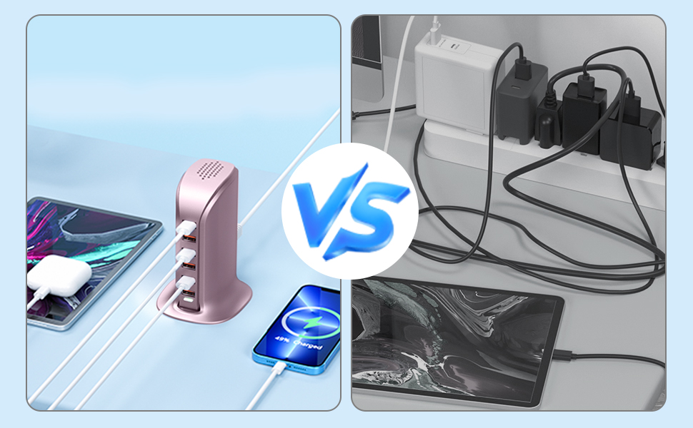 Зарядний пристрій USB багатопортовий 6 портів 25W/50W для iPhone, Samsung, LG, Huawei (Чорний/Рожевий)