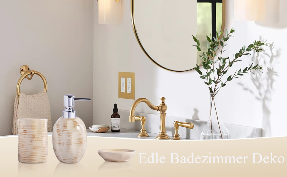 Набір для ванної кімнати на 3 предмети: органайзер з кераміки (тримач для зубних щіток, дозатор мила, мильниця), стильна декор у стилі бохо, мармурова текстура, бежевий колір