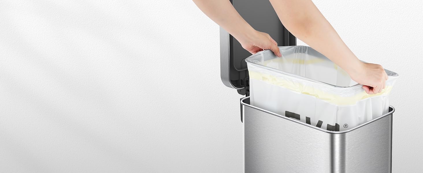 Відро для сміття EKO Madison 30L з винімним контейнером, м'яким закриттям кришки, стійке до відбитків пальців, нержавіюча сталь, прямокутне, з мішками для сміття 20 шт. (50L)