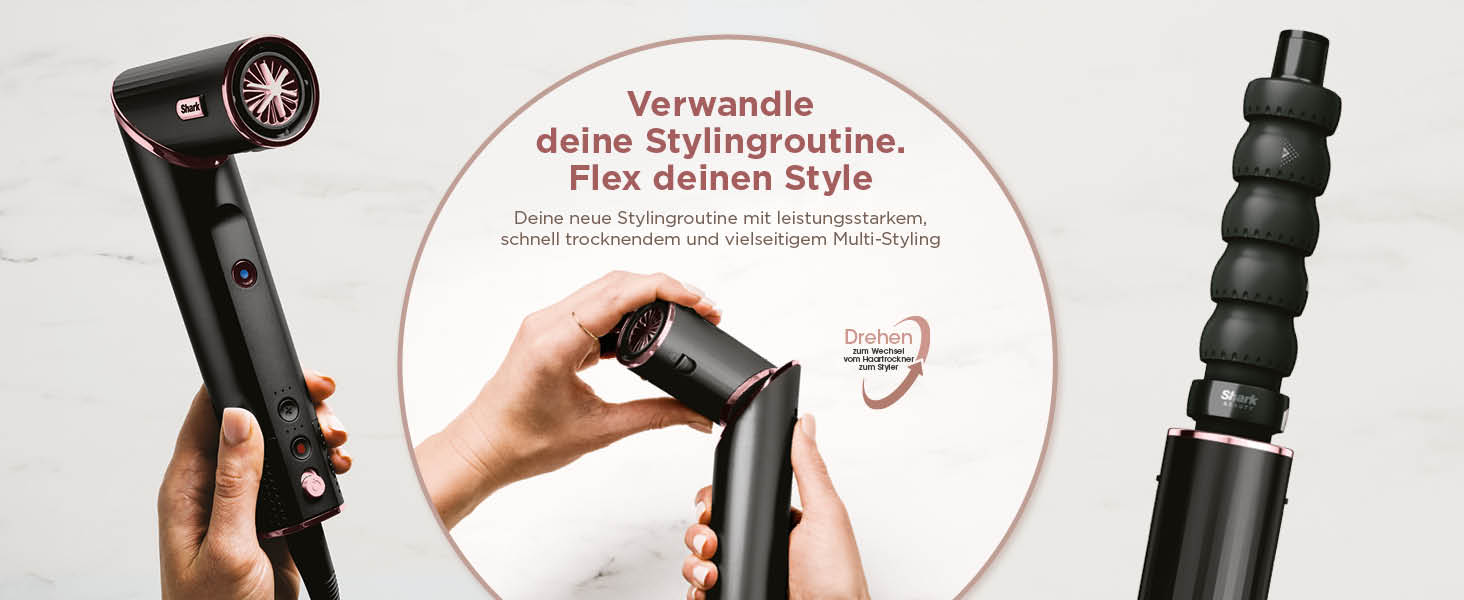 Фен Shark FlexStyle 5-в-1 з насадками для укладання, випрямлення та створення локонів – без пошкодження волосся, для всіх типів волосся (Чорний / Рожеве золото)