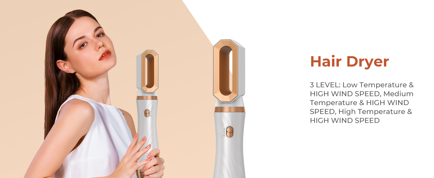 UKLISS 6-в-1 Стайлер для волосся з феном Pro, Набір для укладання волосся: плойка, випрямляч, фен, щітка для укладання, автоматична завивка, іонізація, Airbrush, подарунковий набір для жінок, блакитний (золотий)