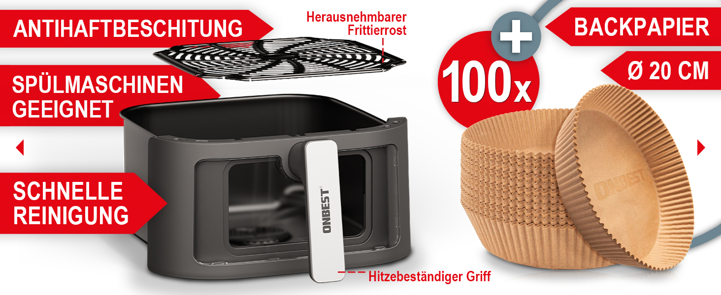 Фритюрниця ONBEST з великим оглядовим вікном та 12 програмами приготування – XL Airfryer об'ємом 6,5 л, 1600 Вт + 100 листів пергаментного паперу для випікання. Готування без олії для 2-5 осіб