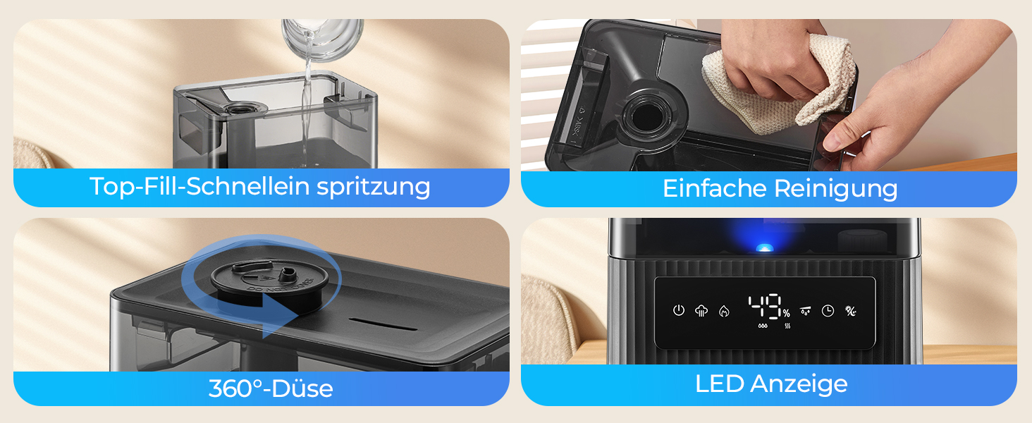 Зволожувач повітря 6L для великих приміщень, холодний туман, тихий, з аромадифузором, для дитячої кімнати, спальні, рослин, 60 год роботи, точний датчик вологості, верхнє заповнення