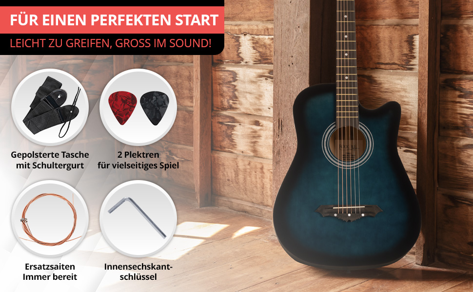 Rocktile WSD-5C-BUB: Акустична гітара Вестерн Slim Line - Комплект з чохлом, струнами, ремінком та медіатором - Blueburst