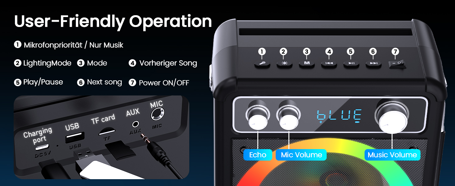 Портативна караоке-машина Ankuka з 2 бездротовими мікрофонами, 15W Bluetooth, LED-підсвічуванням, TF/USB, FM, AUX, TWS, для вечірок та свят
