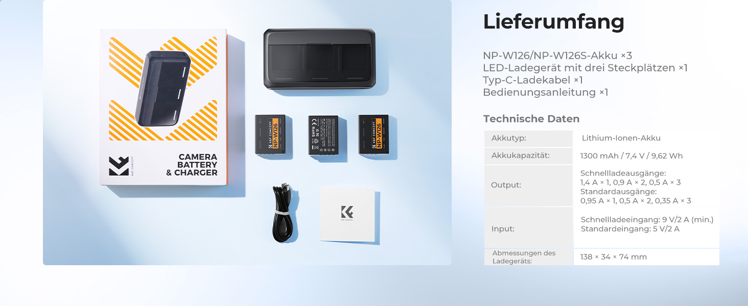 Набір акумуляторів K&F CONCEPT NP-W126 / NP-W126S для камер Fujifilm (3 шт.) з зарядним пристроєм 20W PD для XT30 III, XM5, X100VI, X100V, XS10, XT30, XT20, XE4, A5