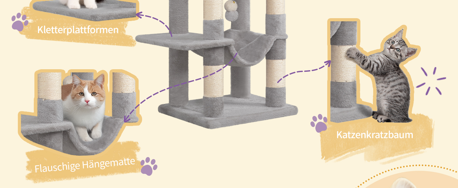 Двоповерховий комплекс для котів з 5 стовпчиками для шліфування, платформами, будиночком, помпонами, сірий (149см)