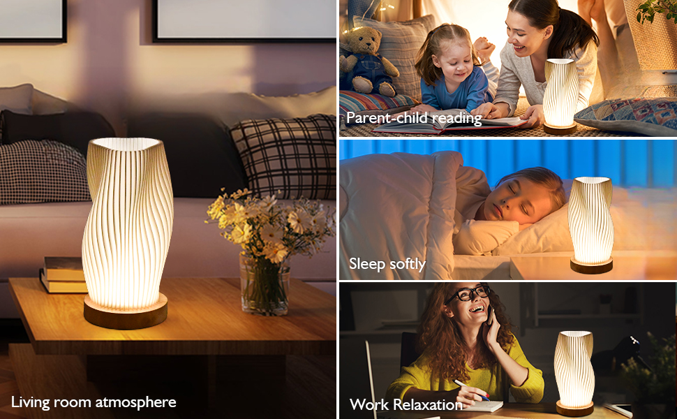 Нічна лампа Focenat з дерев'яним цоколем, 9-рівнів регулювання яскравості, мінімалістична лампа з абажуром з PLA, невелика лампа з кабелем, для спальні, вітальні