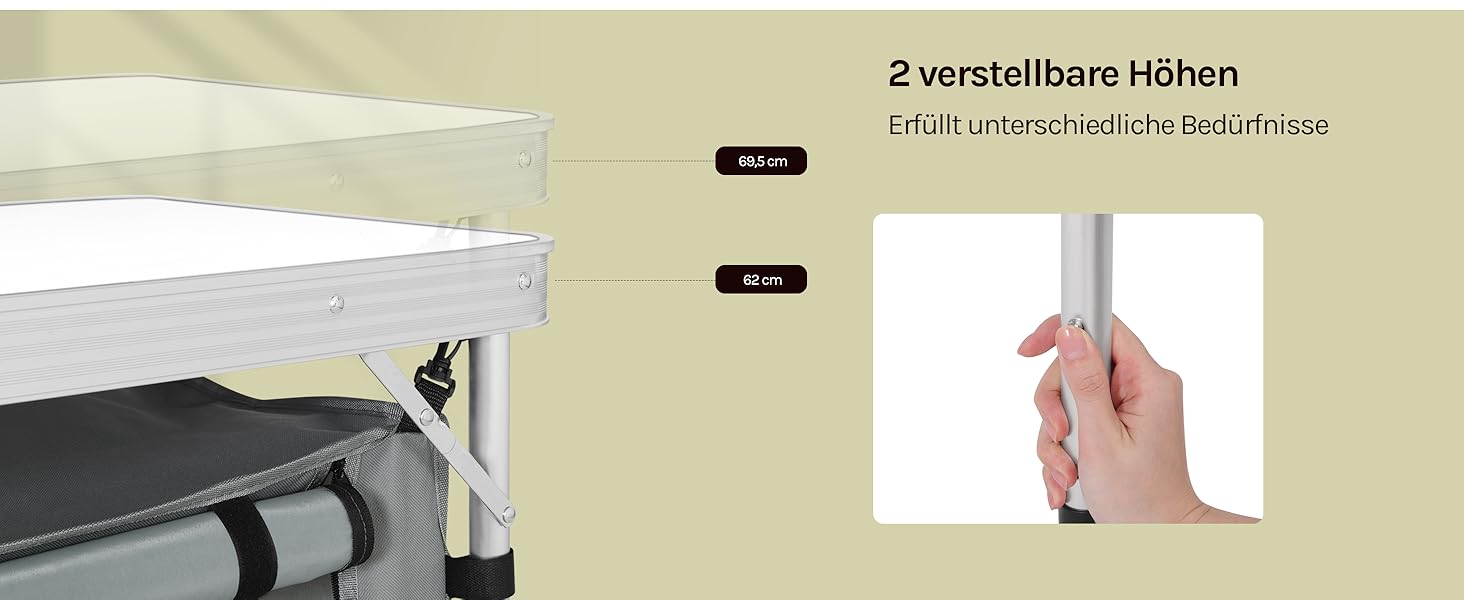 Складний алюмінієвий кемпінговий стіл WOLTU з регульованою висотою та полицями для зберігання, білий+сірий - для пікніка, пляжу, саду