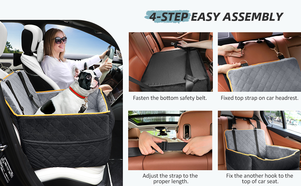 Washable Dog Car Seat for Small to Medium Dogs with Leash & Storage Pockets - Thickened Elevated Dog Bed for Back or Front Seat - Black