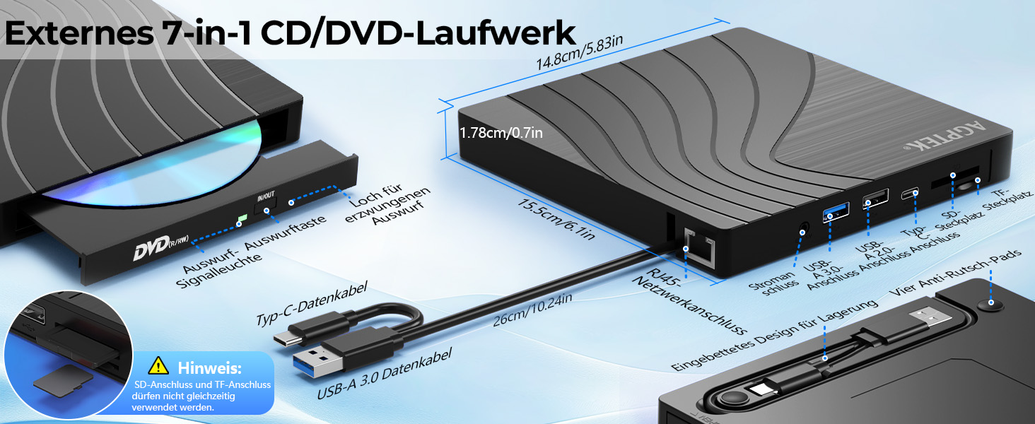 Зовнішній DVD-накопичувач AGPTEK USB 3.0 Slim CD/DVD-брунер з картридером TF/SD для ноутбука, MacBook, Windows, Linux, Mac OS
