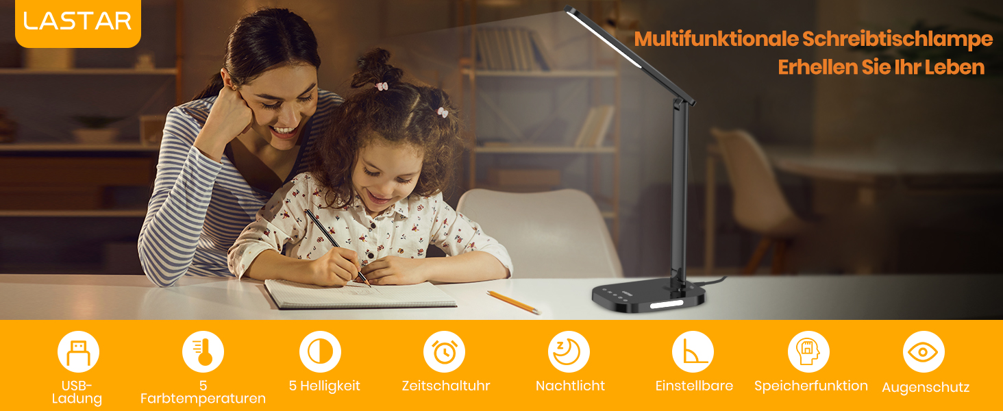 LED-лампа настільна LASTAR з USB-зарядкою, диммуванням, 5 режимами, таймером та нічним світлом