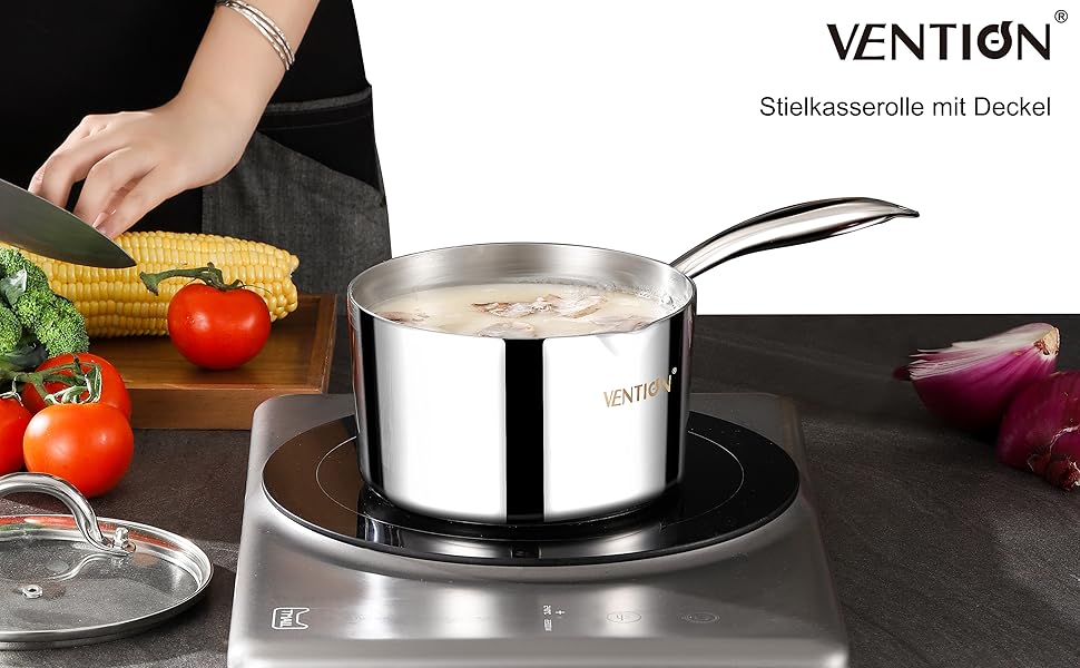 Каструля з нержавіючої сталі VENTION 14 см з кришкою, 1 л, для індукційних плит, з виливом (для правші)