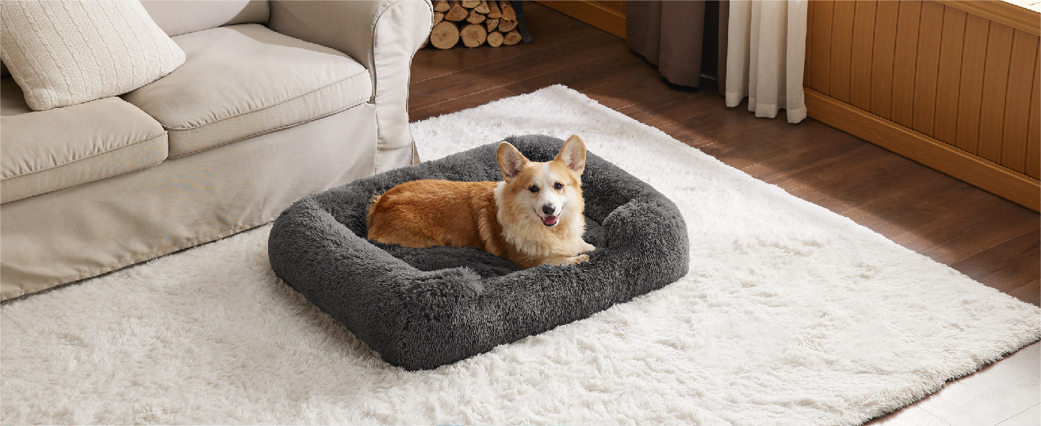 Ліжко для собак BEDSURE середнє 76x61x18 см, м'яке, квадратне, з бортиками, протиковзке дно, для середніх порід, сіре, що переться