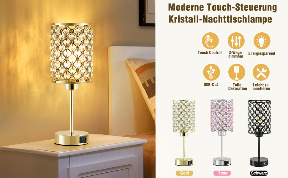 Кристалева лампа GyroVu Kristall для столу та приліжкові лампи з регулюванням яскравості, сенсорне керування, USB A+C порти, золотий колір, для вітальні та спальні (з лампочкою)
