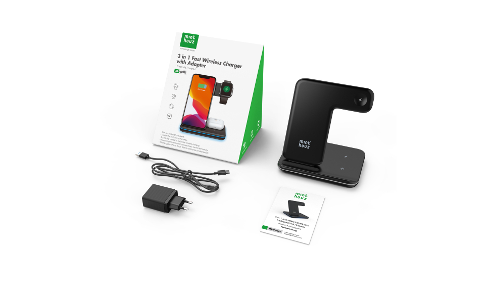 Бездротовий зарядний пристрій Minthouz 3-в-1 з адаптером 18W для Apple (iPhone, iWatch, AirPods), Qi-сумісний, чорний