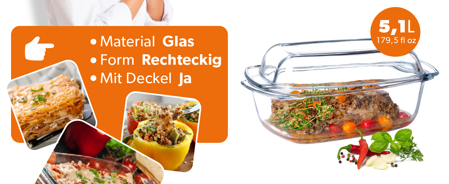 Форма для запікання KADAX з кришкою та ручками, 5.1 л, прямокутна скляна форма для запікання, для м'яса, лазаньї, 5.1 л