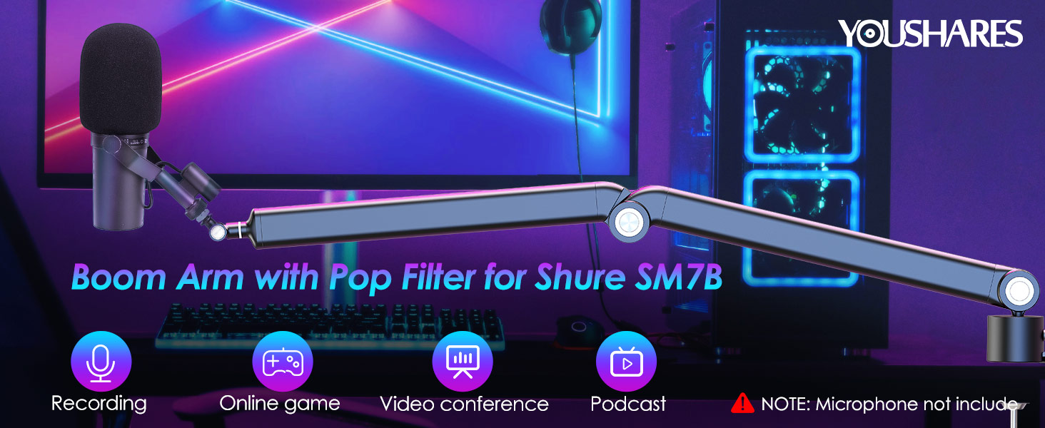 Шарнірний мікрофонний кріплення YOUSHARES для Shure SM7B з поп-фільтром, кабель-органайзером - мікрофонний стійка для студії XLR, USB, настільний