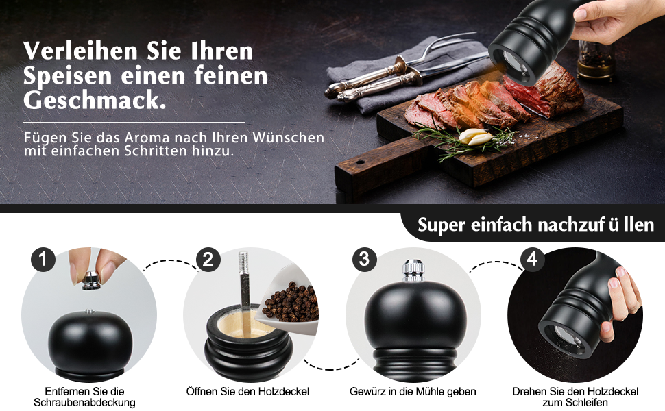 Набір з 2 мельниць для солі та перцю (соль, перець, чилі) - ручні, дерев'яні, з регулюванням помелу, класичний дизайн, чорний та білий