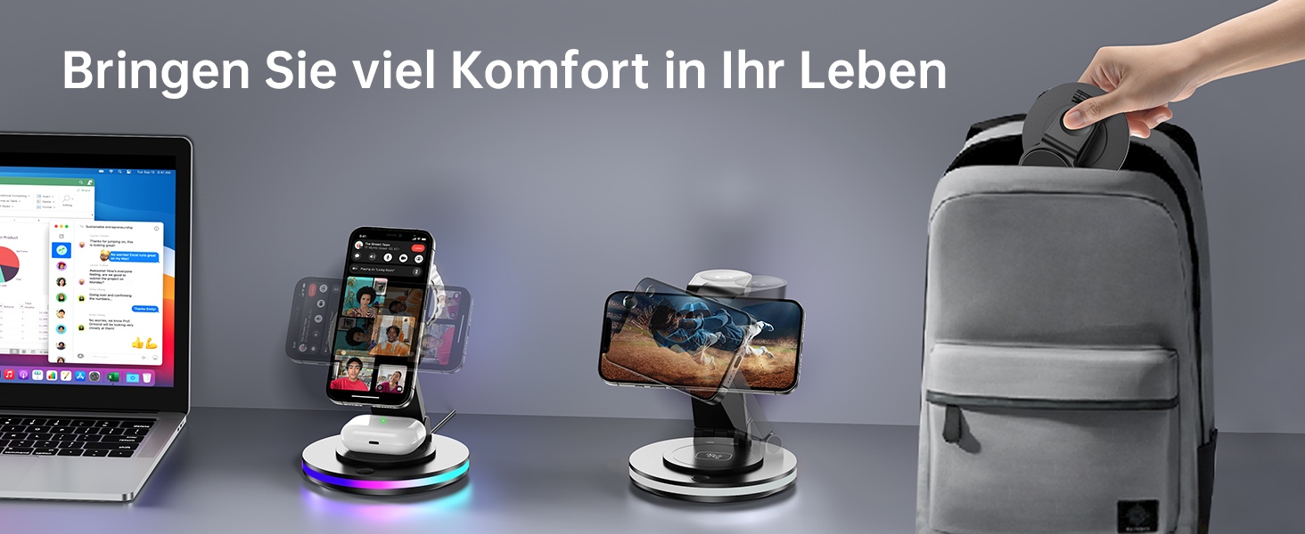 Зарядний пристрій MagSafe 3-в-1 для Apple Watch та iPhone, складний, поворотний з регулюванням світла, бездротовий зарядний стан MagSafe для iPhone 16/15/14, AirPods (без адаптера) - Чорний