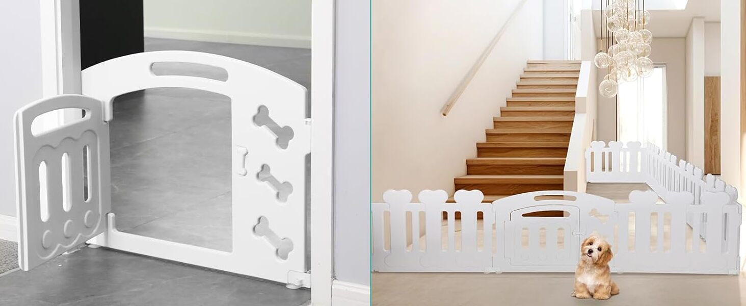 Льох для цуценят MAMIZO 60 см, огорожа для собак з пластикових панелей, портативна сітка для собак, загородження для собак з воротами, включає присоски та ґрунтові анкери, вольєр для собак для дому та вулиці (7+1, білий)