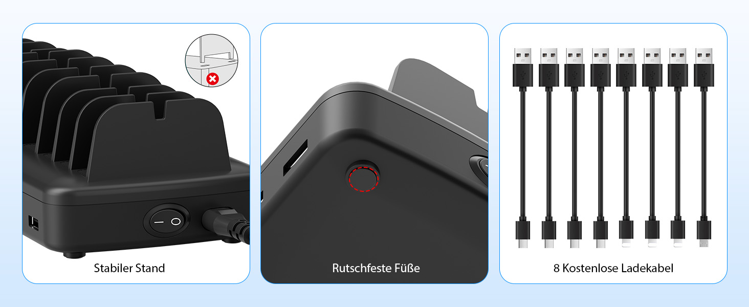 Зарядна станція COTOPS 65W на 10 портів для ноутбука, телефону, iPad, планшета. USB-C PD, з підставкою-органайзером, чорна