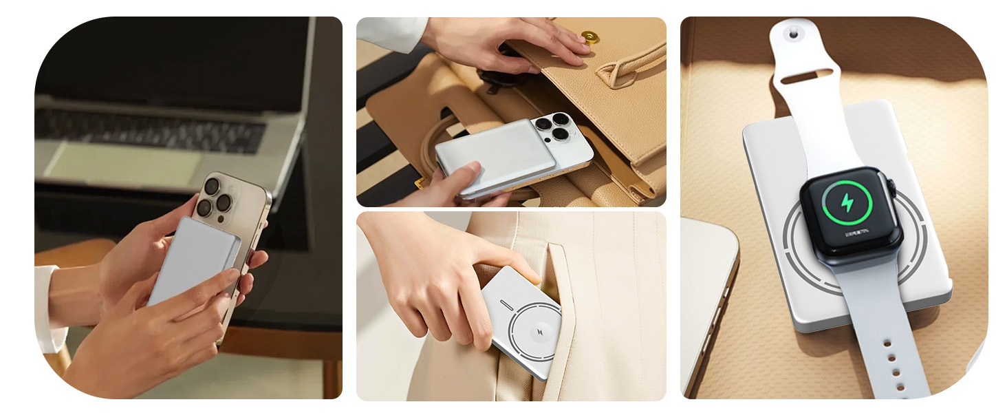 Power Bank JUOVI Магнітний Бездротовий 5000mAh 20W PD, Білий. Сумісний з MagSafe, iPhone 16/15, iWatch, AirPods.