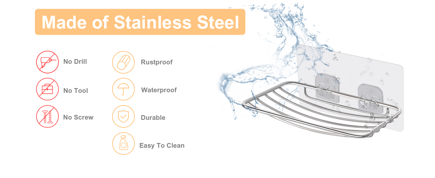Тримач для мила без свердління Uten, нержавіюча сталь, самоклеючий з 2 гачками, для душу, ванної, кухні (сріблястий)