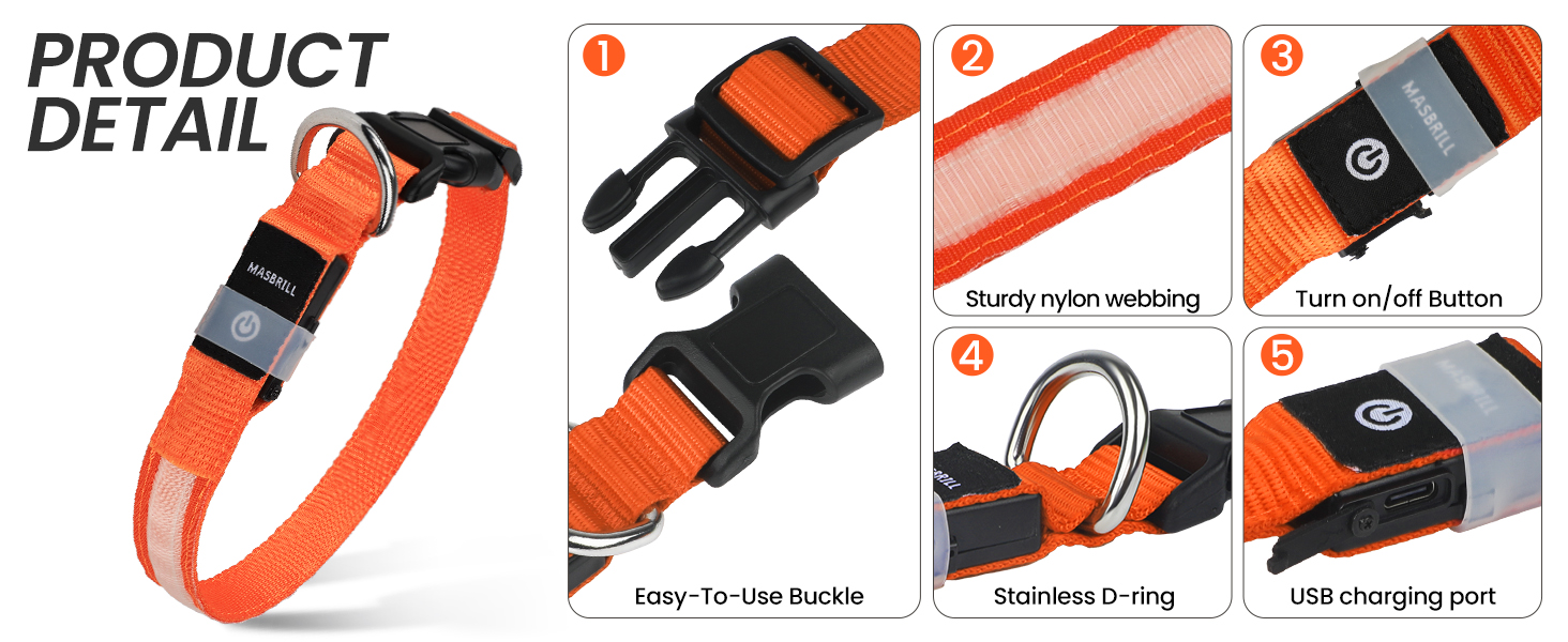 Світлодіодна нашийникова стрічка для собак Masbrill: водонепроникна, з 3 режимами світіння, регульована, для малих, середніх та великих собак, фіолетовий - S