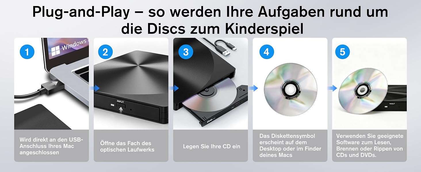 Зовнішній USB 3.0 та USB-C CD/DVD привід varkda для ноутбука та ПК, портативний DVD-плеєр та записник (RW/ROM), сумісний з Windows, macOS, Linux, чорний