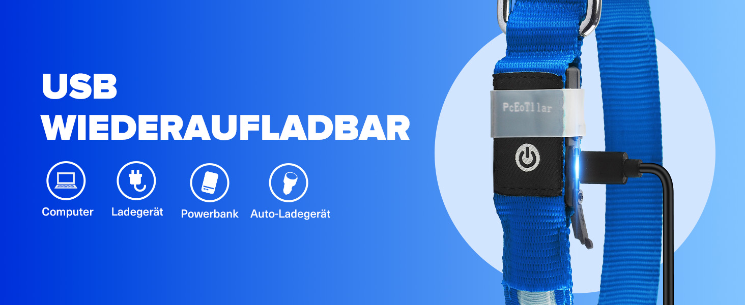 Світлодіодне нашийник для собак Leuchthalsband PcEoTllar, водонепроникний, 7 кольорів, регульований, для маленьких та великих собак, 8 режимів, синій, L (48-60 см)