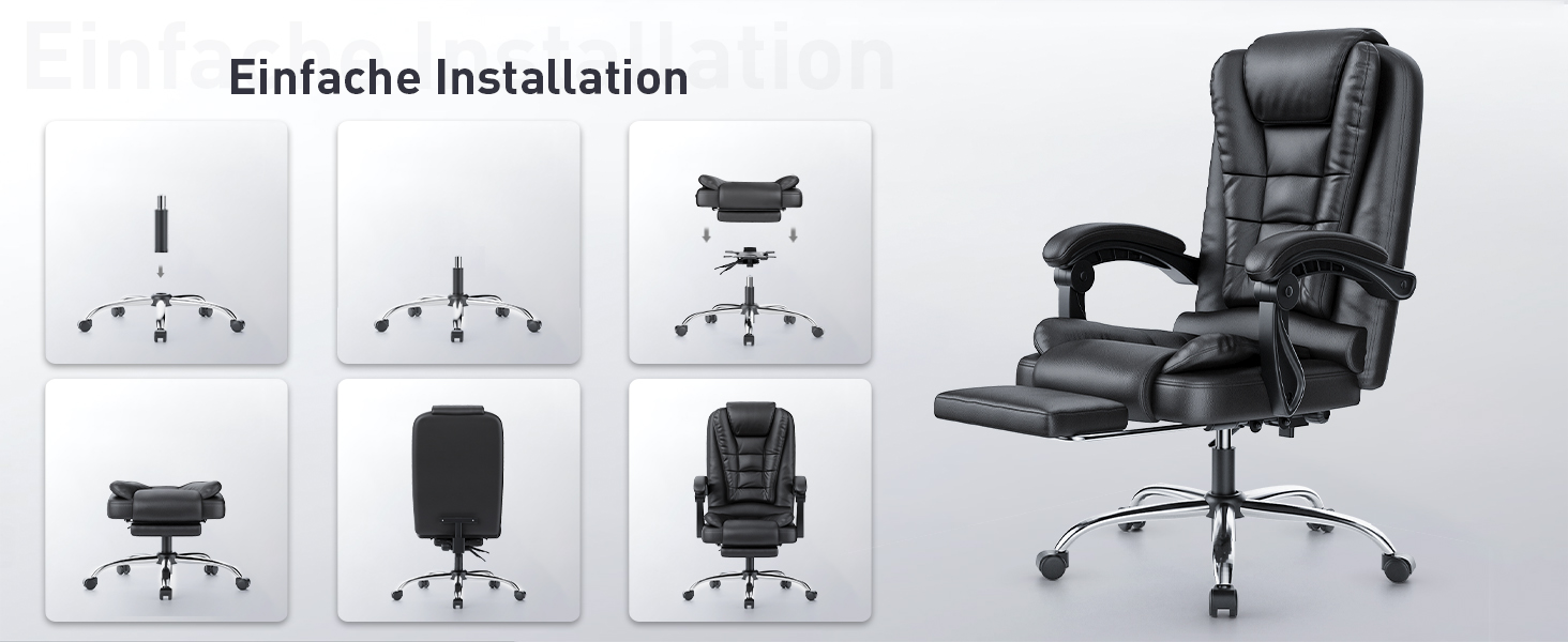 Офісний крісло-шезлонг для кухні/офісу Naspauluro: ергономічний комп'ютерний стілець з високою спинкою, підлокітниками та регулюванням висоти, функція нахилу, поворотний, з підніжкою (чорний)