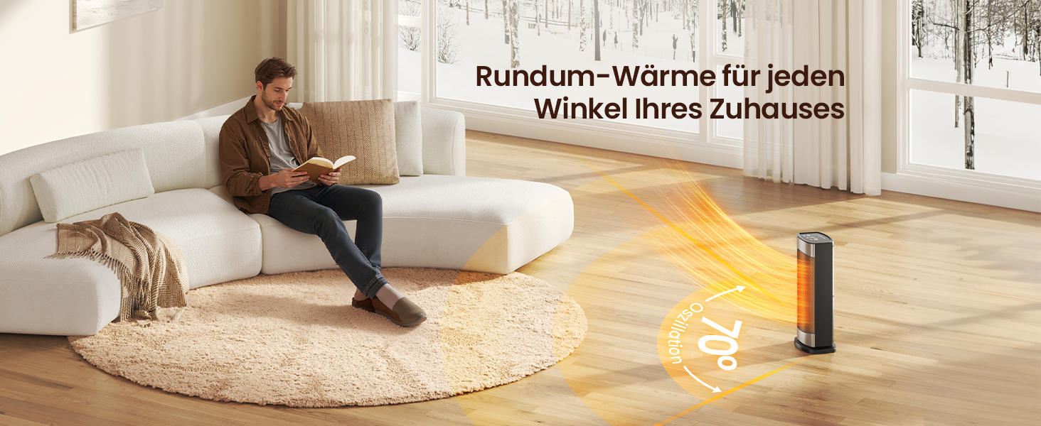 Електричний обігрівач з термостатом 1500W, 70°C, PTC кераміка, тихий, ECO-режим, таймер 24 год, захист від перегріву та перекидання, срібний, 41 см