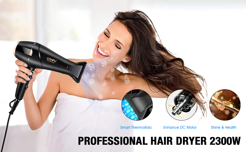 CONFU 2300W Professional Hair Dryer with Ionic Technology - Salon Quality, Diffuser & Styling Nozzle, AC Motor, Fast Drying, 2 Speed & 3 Heat Settings, LED Display, 220V