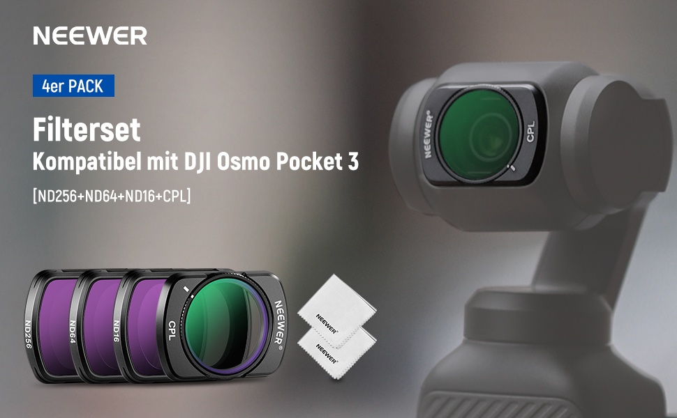 Набір фільтрів NEEWER CPL ND для DJI Osmo Pocket 3: CPL, ND16, ND64, ND256, з магнітним кріпленням та 2 серветками для чищення