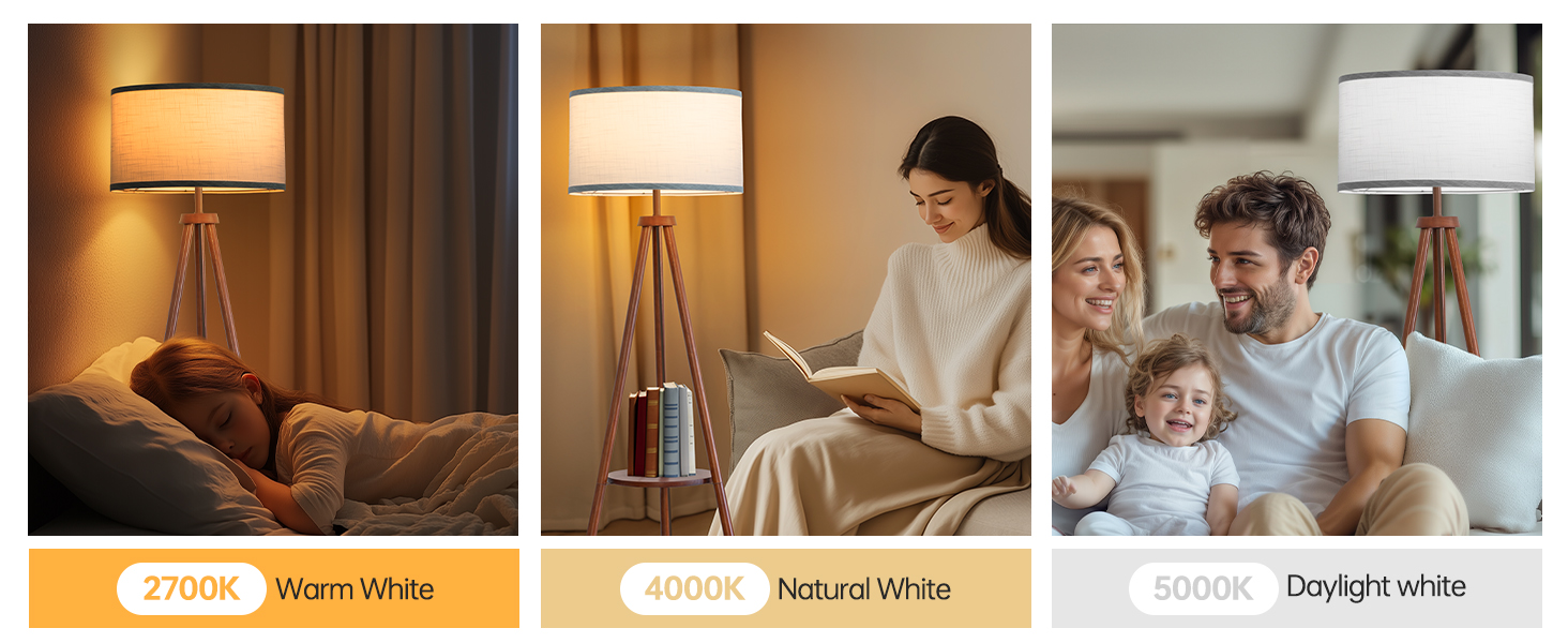 Стельова лампа з полицею, пульт дистанційного керування, 3 колірні температури, тринога, для вітальні, спальні, офісу (горіх), бежевий абажур