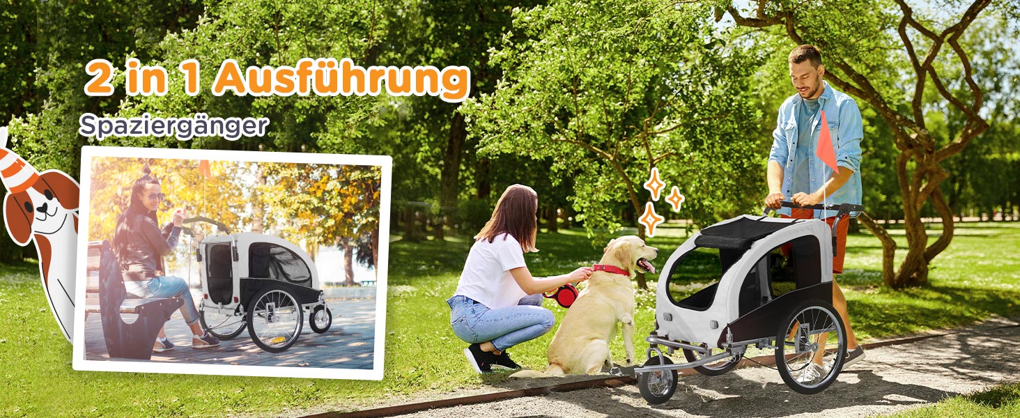 PawHut 2-в-1 Причіп для собак, велосипедний причіп для собак, візок для собак з відбивачами, прапором, причіп для собак PawHut, візок для собак, Oxford-тканина білий/чорний