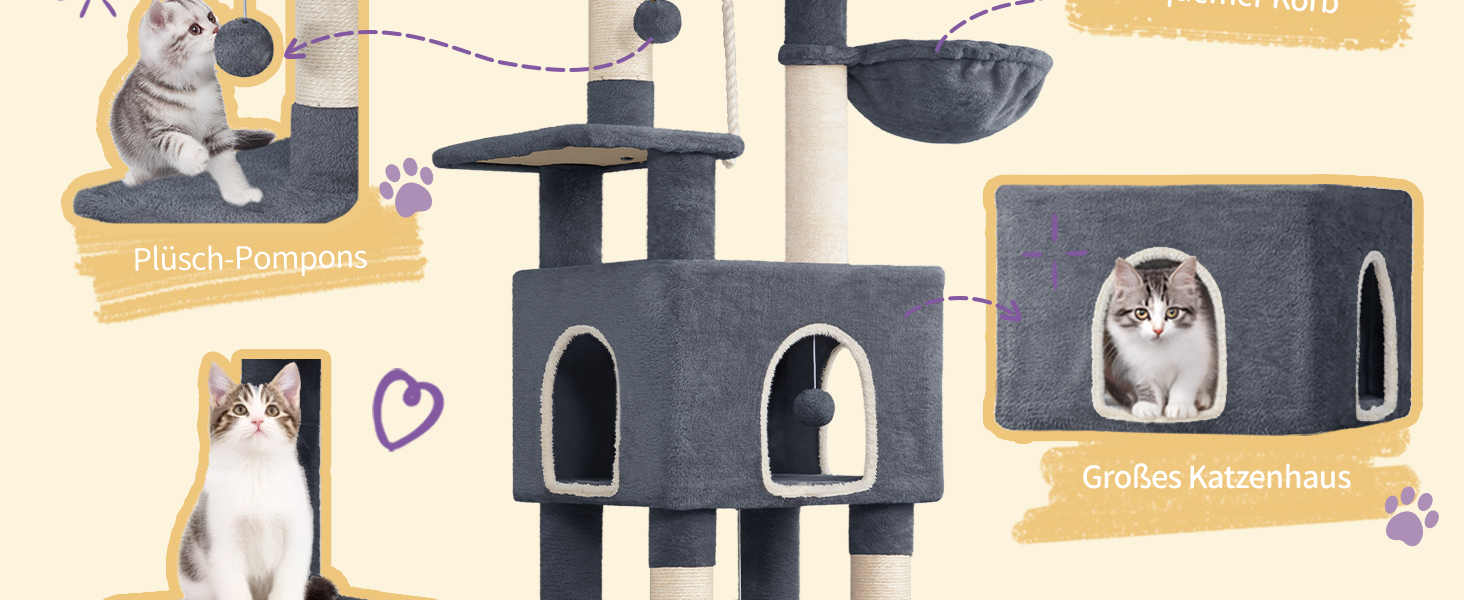 Дерево для котів Hzuaneri, 149 см, з 5 стовпчиками для шліфування, великими платформами, гніздом-хованкою, багатоярусне, з помпонами, MS14918LG (темно-сірий)