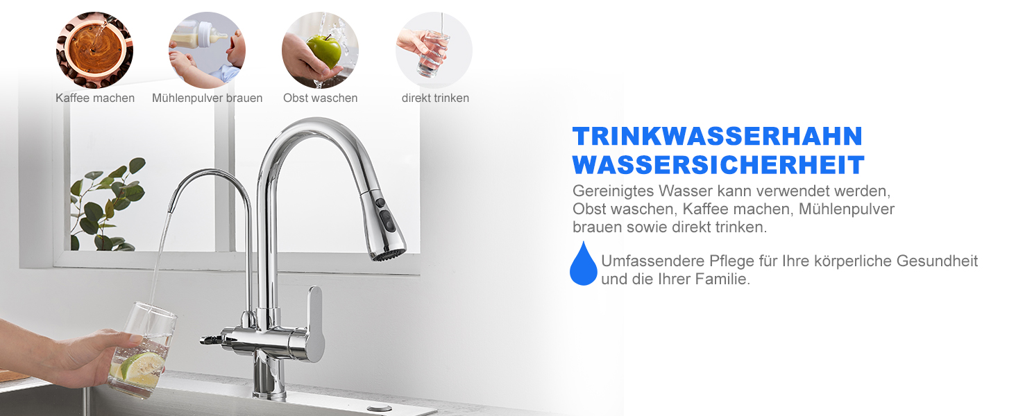 Чорний кухонний змішувач з висувною лійкою 360°, з нержавіючої сталі, для фільтрованої води