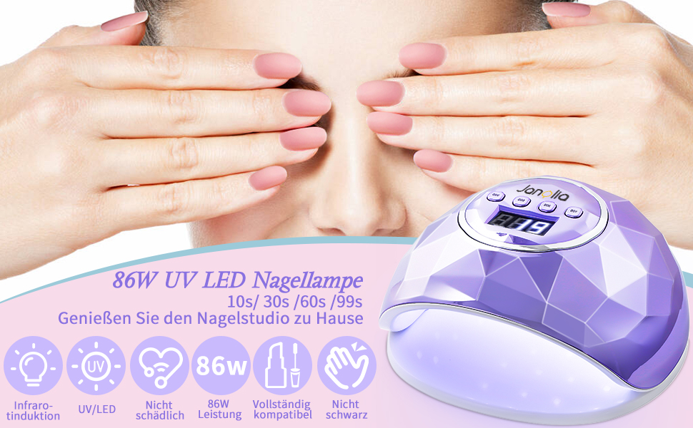 Лампа для сушіння нігтів Janolia 86W UV LED з сенсором та LCD дисплеєм для гель-лаку. Професійна лампа для нігтів з 4 таймером, підходить для гель-лаку.
