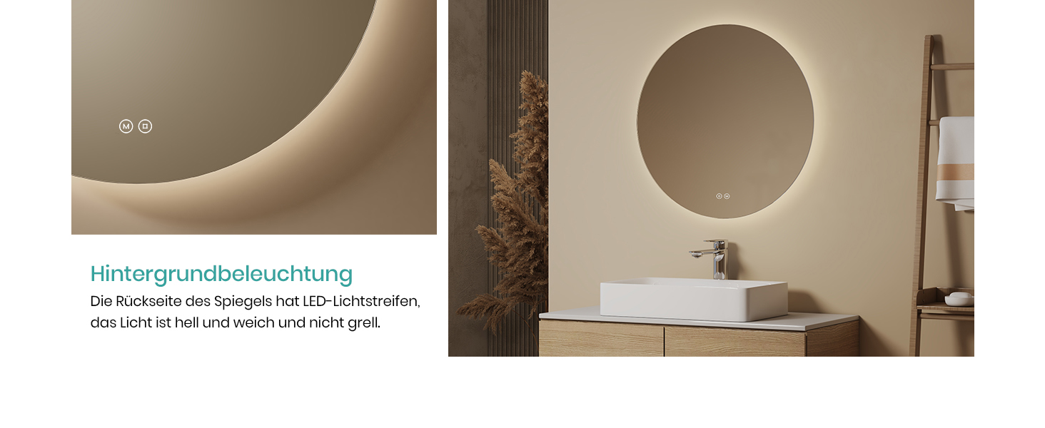 Дзеркало для ванної кімнати EMKE круглої форми з підсвічуванням 80 см - кругле дзеркало з 3 кольорами світла, регулюванням яскравості, сенсорним управлінням, функцією пам'яті та енергозбереженням. Розміри: 80 см x 80 см