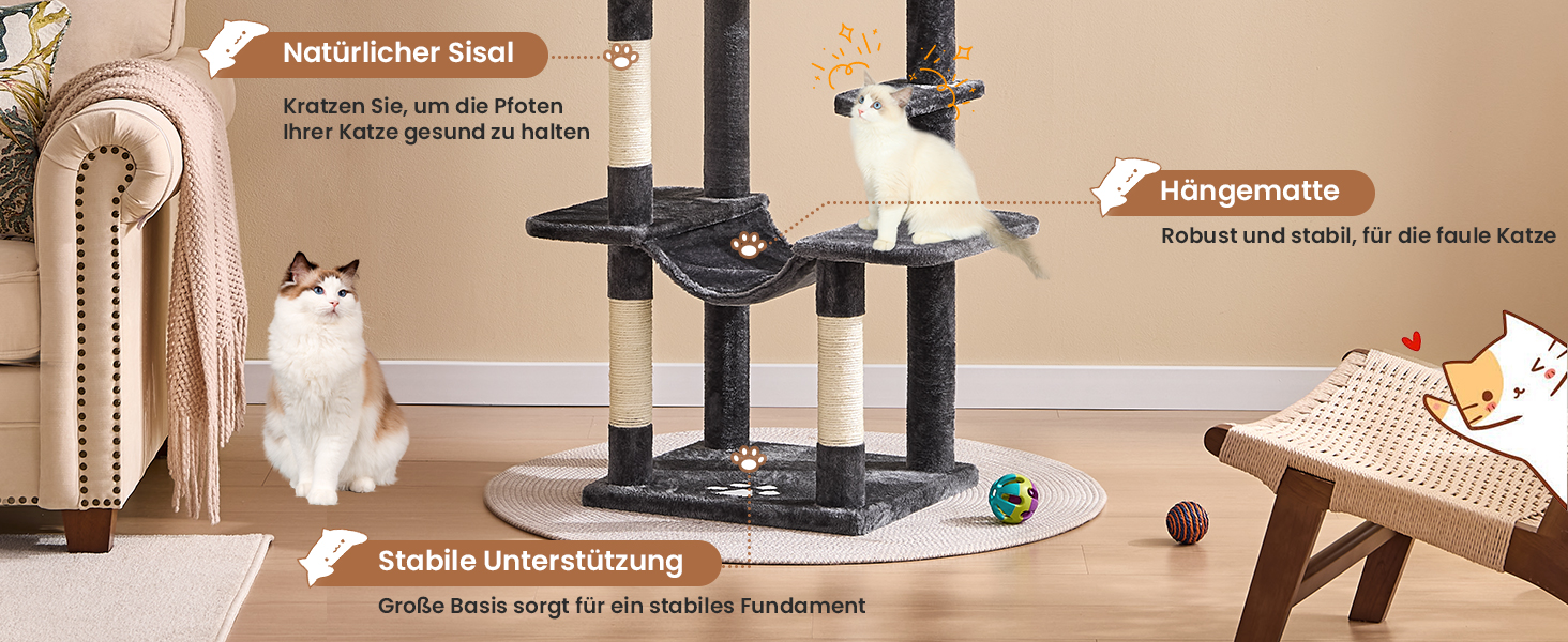 Кігтеточка для котів MSmask велика, багатоповерхова з платформами, печерами та гамаком, обтягнута сизалем (темно-сіра)