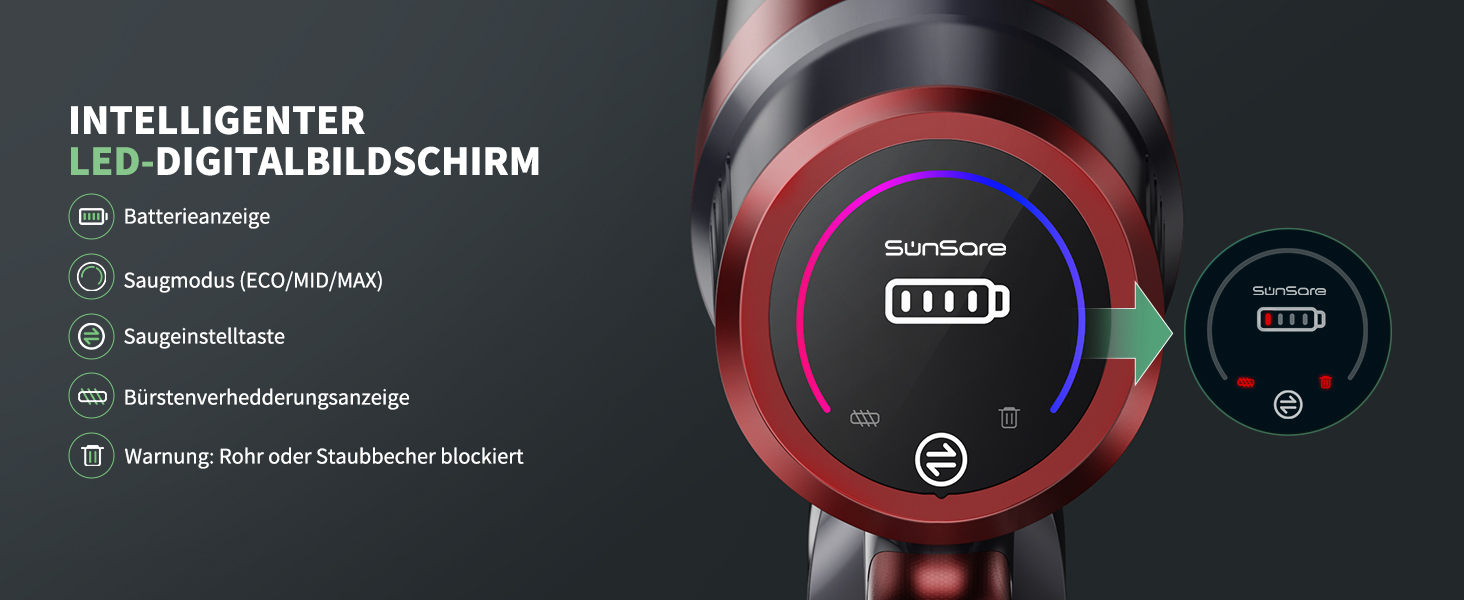 Бездротовий акумуляторний пилосос SunSare 450W з LED-дисплеєм, потужність 40000Pa, для підлоги, килима, шерсті тварин