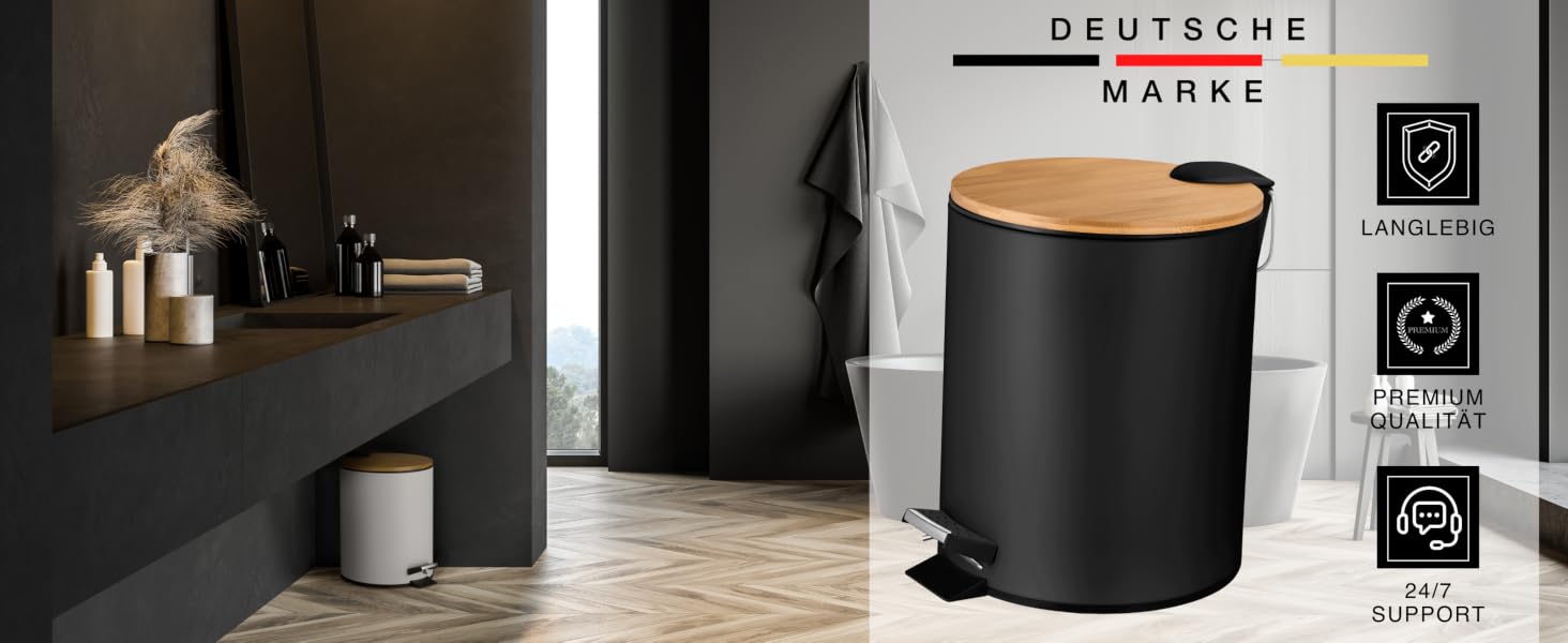Смітник для косметики VMbathrooms 3L з педаллю та бамбуковою кришкою, Soft-Close, чорний матовий, для ванної кімнати та туалету