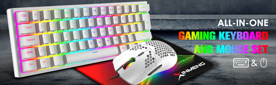 Ігрова комбінація клавіатури та миші MAGIC-REFINER: механічна клавіатура 62 клавіші, миша 12000 DPI, RGB-підсвічування, USB-C, для PC/Mac/Win, білий (червоний перемикач)