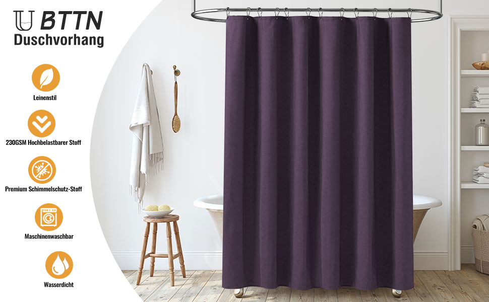 Тканинна шторка для душу BTTN, 180x200 см, льонова текстура, антигрибок, миється, текстиль, 12 гачків, сучасний, водовідштовхуючий, з обтяжувачем, декор, поліестер, кремовий колір (фіолетовий, однотонний, H180 x B180 см (упаковка 1 шт))