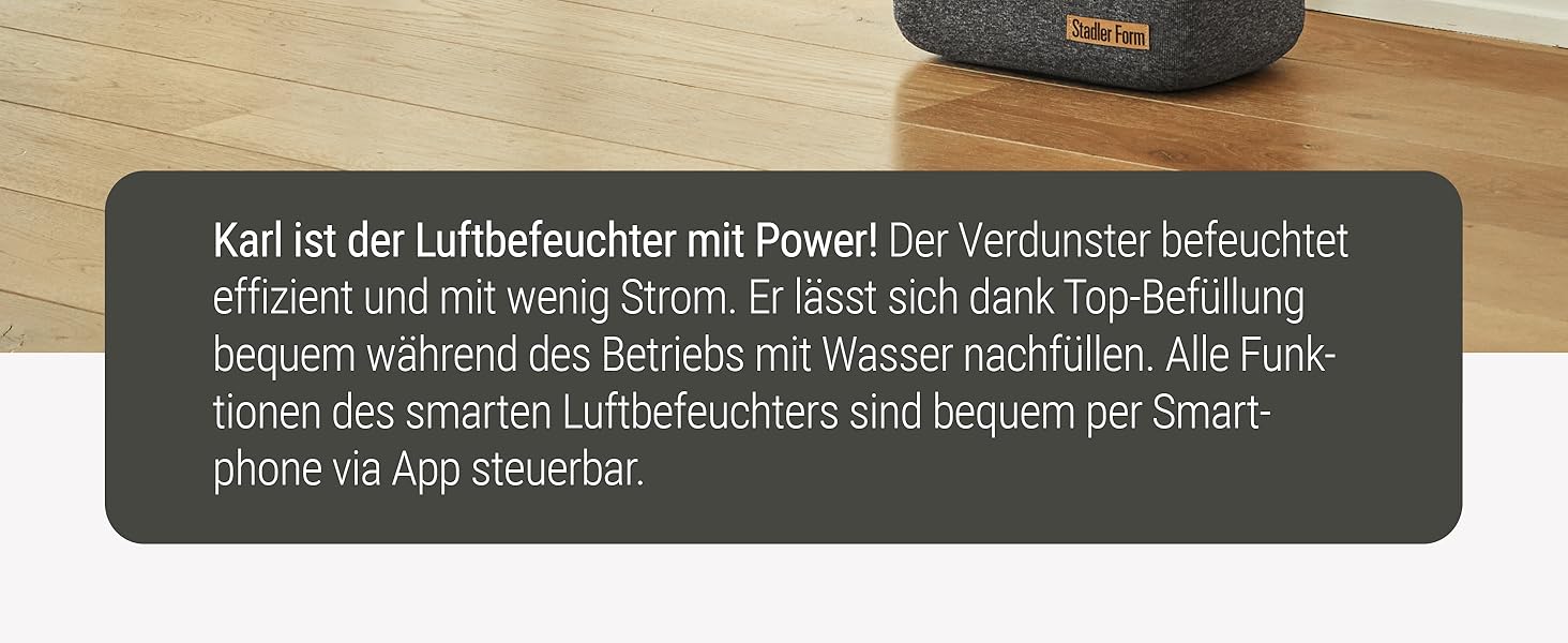Зволожувач повітря Stadler Form Karl, тихий та потужний випарник для приміщень до 100 м², 4 режими зволоження, керування через додаток, чорний