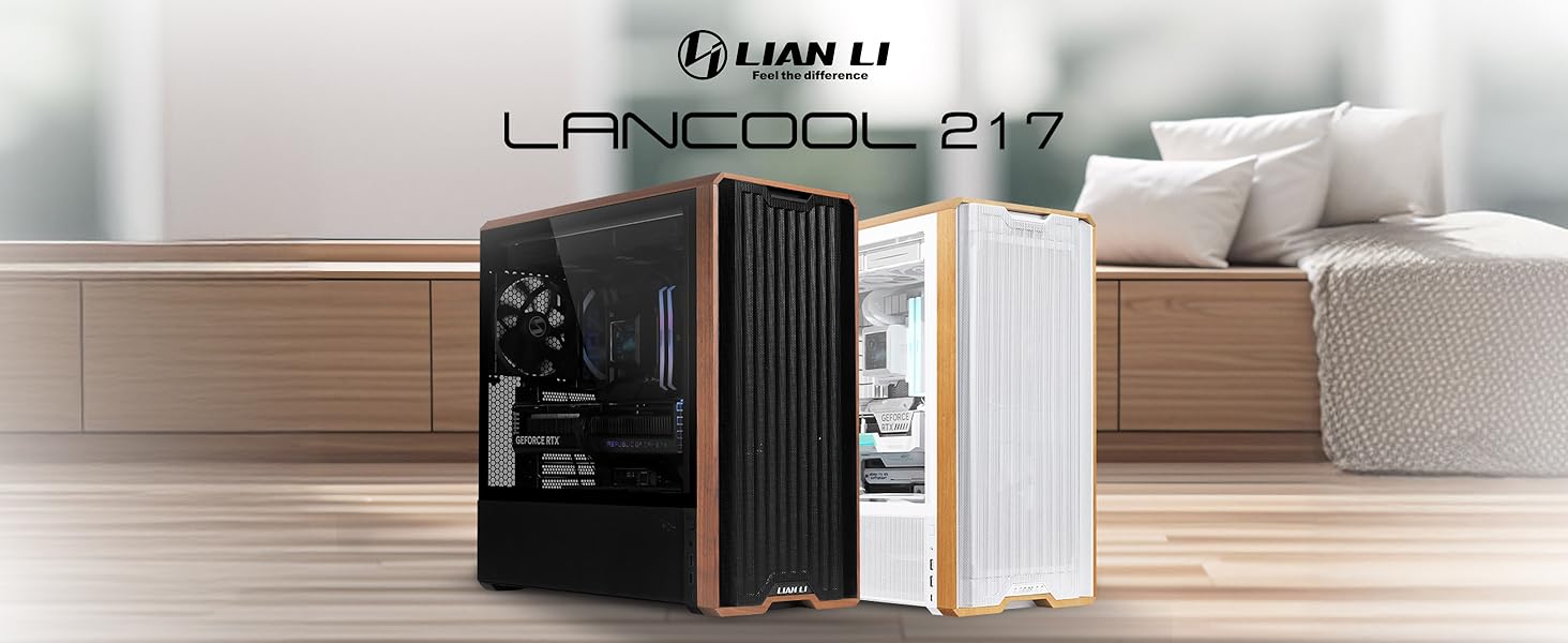 Корпус Lian Li Lancool 217: Чорний ATX Midi-Tower з темперованим склом, 5 вентиляторів, шпон дуба, сітчаста передня панель, підтримка Back-Connect