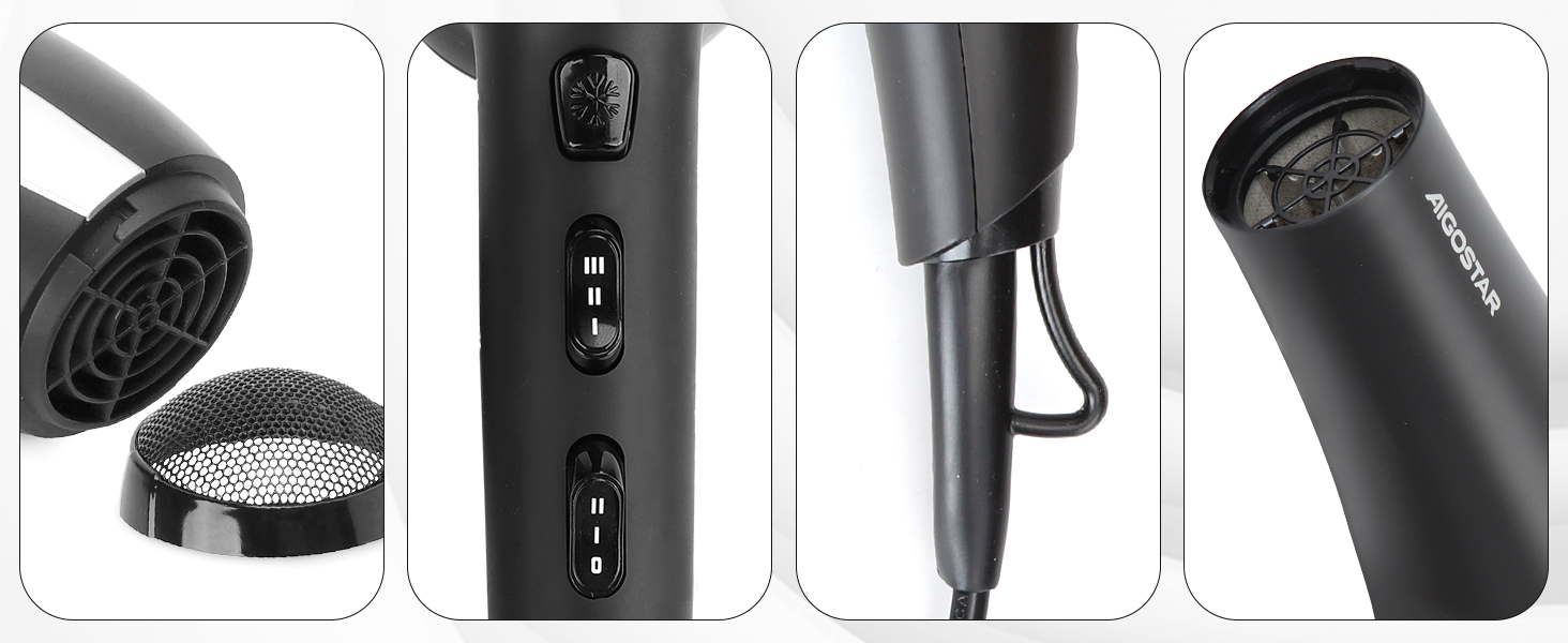 Фен Aigostar Monique 2400W з іонізацією, професійний, чорний, з насадкою-дифузором та аксесуарами