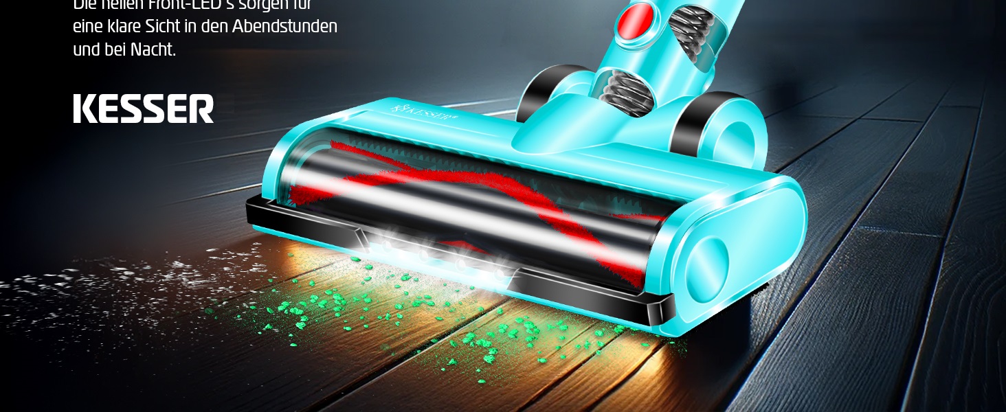 Бездротовий акумуляторний пилосос KESSER® з LED дисплеєм, до 60 хв роботи, тихий, без мішка, з антинамотувальною щіткою, HEPA фільтр, для твердих поверхонь та килимів, з аромадиском, чорний/червоний